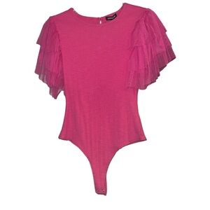 Express Hot Pink Ribbed Bodysuit Ruffled Sleeves Size Small New